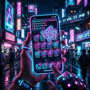 Hand with glowing rings holding smartphone with neon app icons and notifications in cyberpunk city street at night