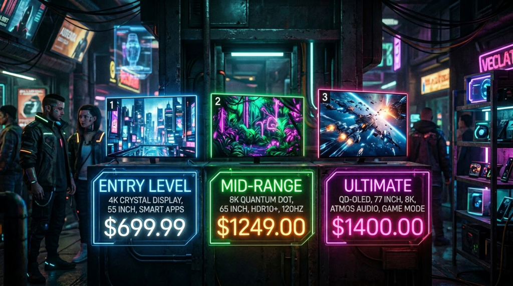 Three televisions with entry level, mid-range, and ultimate features and prices