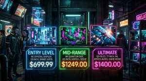 Three televisions with entry level, mid-range, and ultimate features and prices