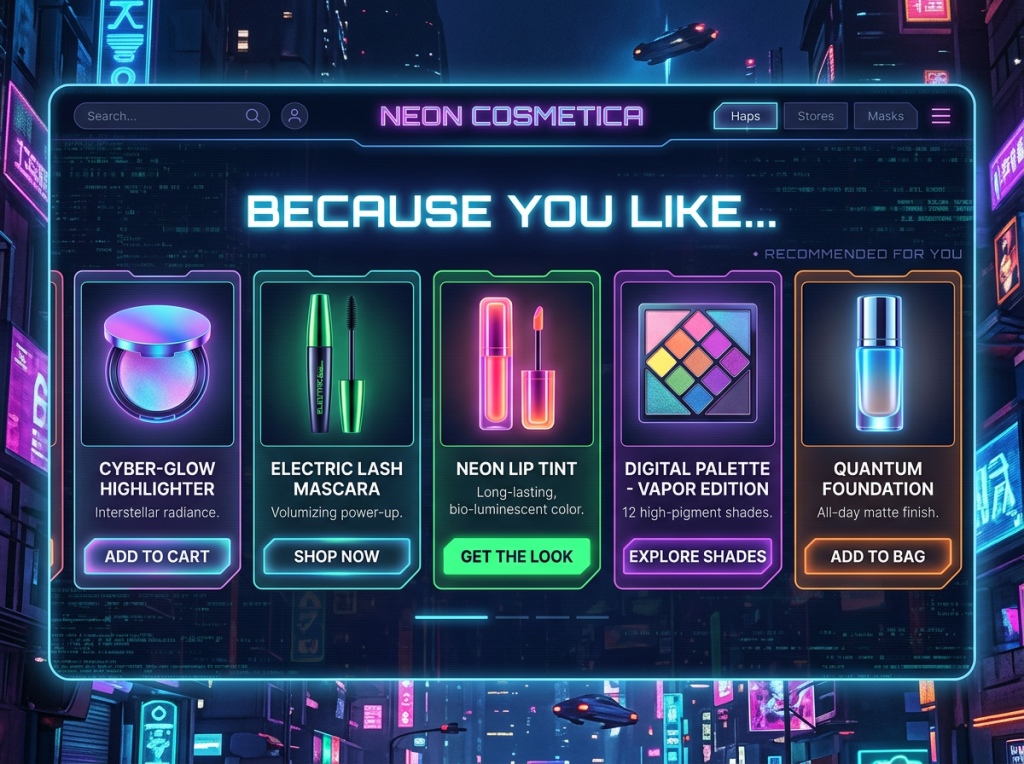 Neon Cosmetica interface reading Because You Like..., with product cards for Cyber-Glow Highlighter, Electric Lash Mascara, Neon Lip Tint, Digital Palette Vapor Edition, and Quantum Foundation, plus shopping buttons.