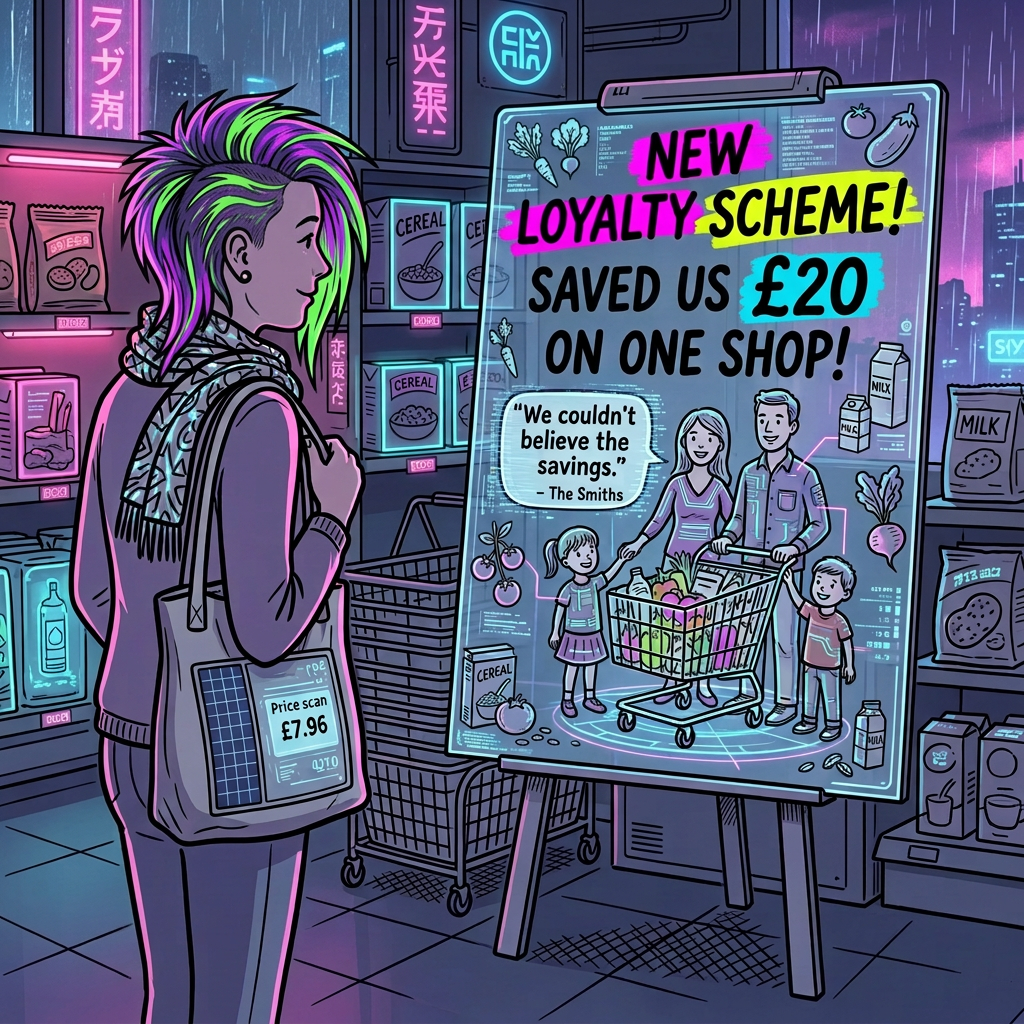 Shopper viewing poster reading OUR NEW LOYALTY SCHEME! SAVED US £100 ON ONE SHOP! “We couldn’t believe the savings.” – The Smiths