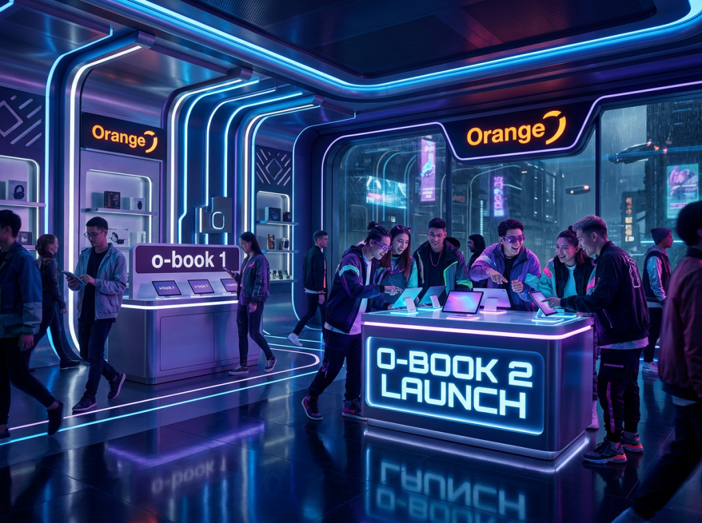 Orange O-Book 2 launch event with visitors exploring laptops